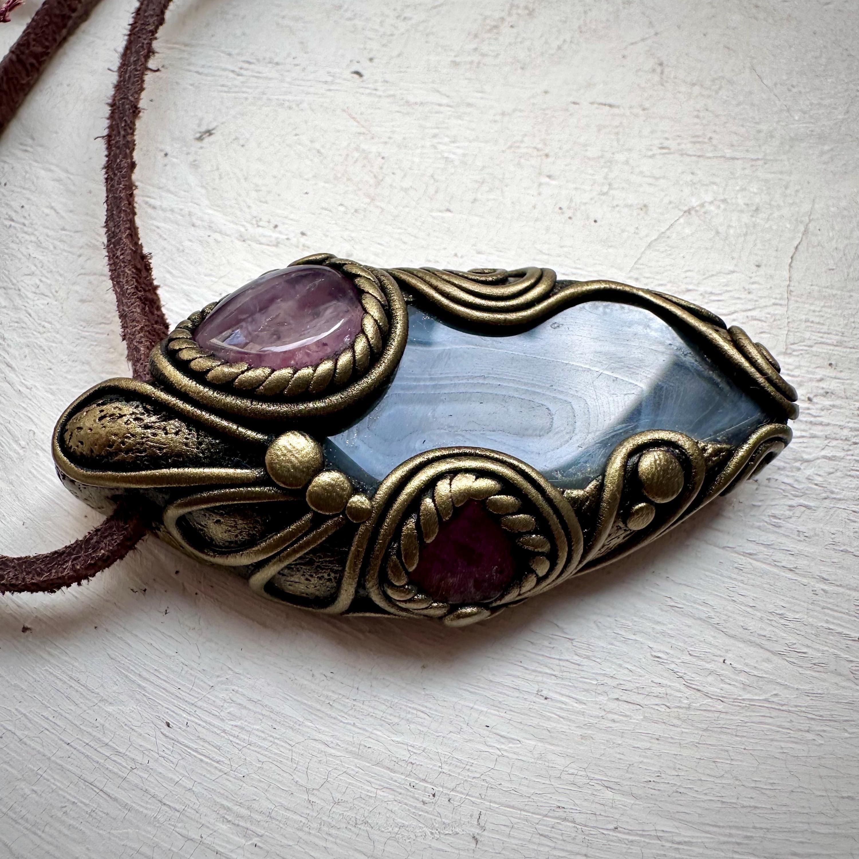 Botswana Agate Bi Color Tourmaline and Lavender Quartz Necklace - FairyGardenGlow