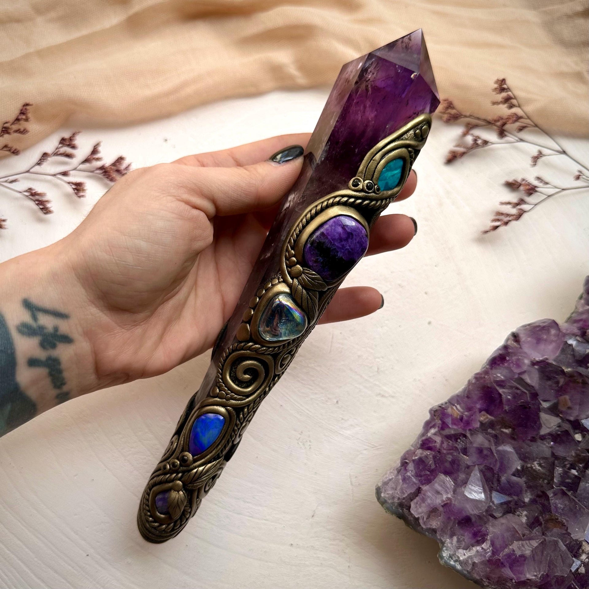 Large Amethyst Point with Charoite Raw Chrysocolla Boulder Opal Aqua Aura Quartz Tanzanite and Blue Sapphire Wand - FairyGardenGlow