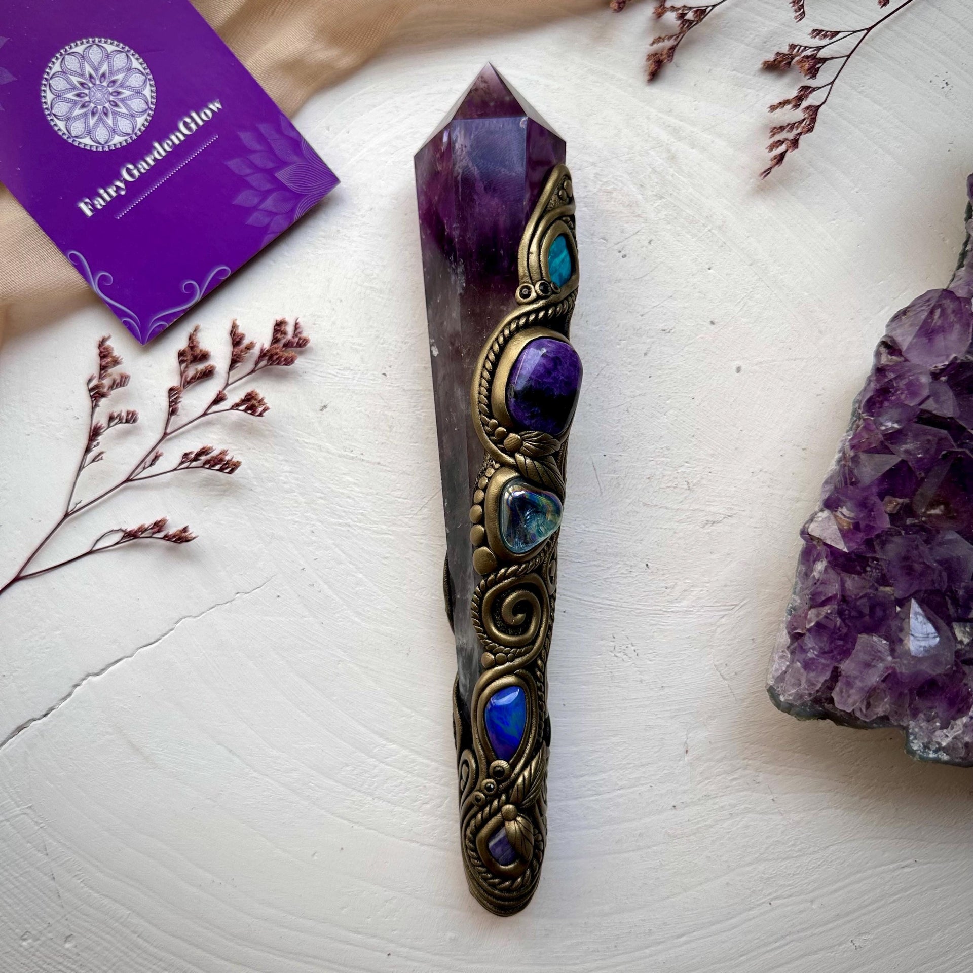 Large Amethyst Point with Charoite Raw Chrysocolla Boulder Opal Aqua Aura Quartz Tanzanite and Blue Sapphire Wand - FairyGardenGlow