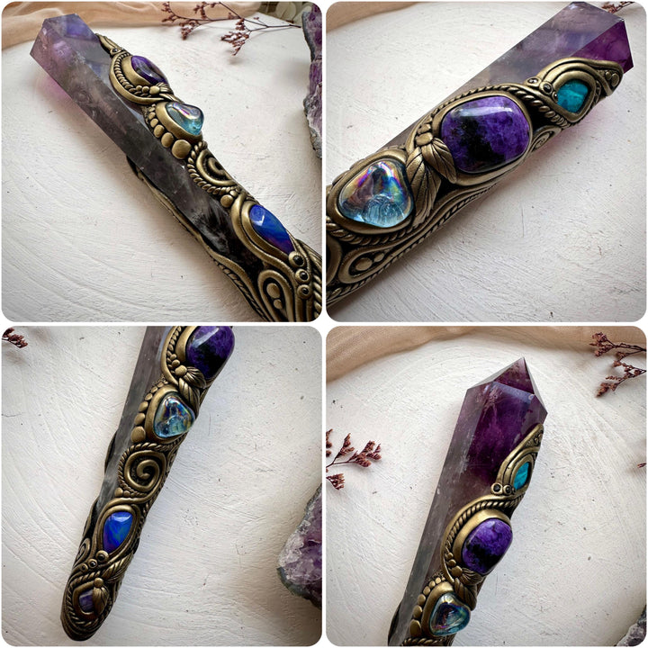 Large Amethyst Point with Charoite Raw Chrysocolla Boulder Opal Aqua Aura Quartz Tanzanite and Blue Sapphire Wand - FairyGardenGlow