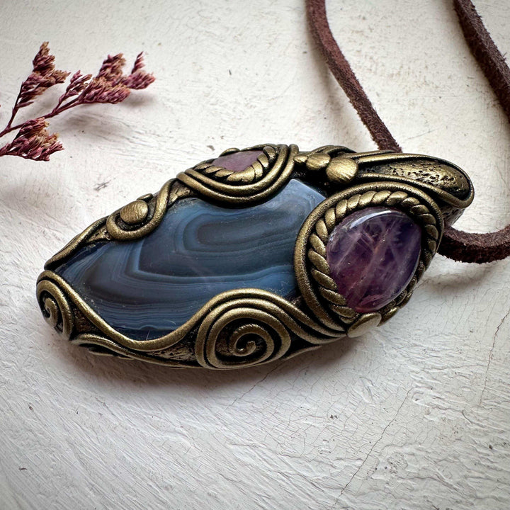 Botswana Agate Bi Color Tourmaline and Lavender Quartz Necklace - FairyGardenGlow