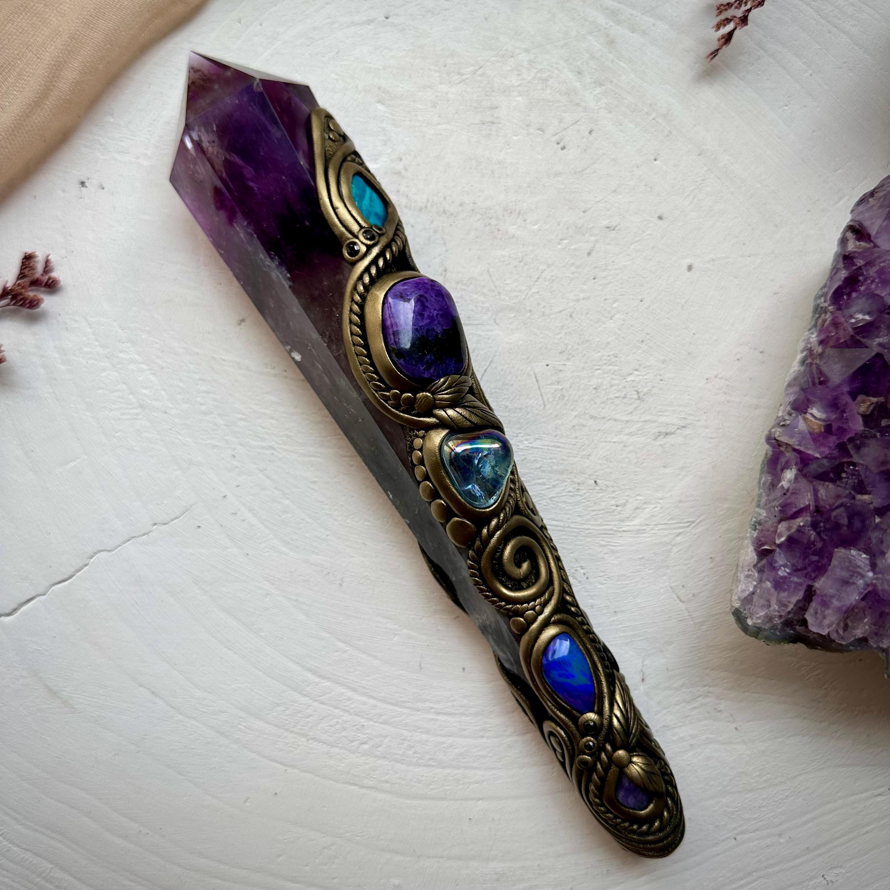 Large Amethyst Point with Charoite Raw Chrysocolla Boulder Opal Aqua Aura Quartz Tanzanite and Blue Sapphire Wand - FairyGardenGlow