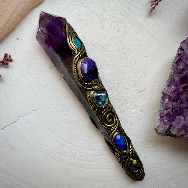Large Amethyst Point with Charoite Raw Chrysocolla Boulder Opal Aqua Aura Quartz Tanzanite and Blue Sapphire Wand - FairyGardenGlow