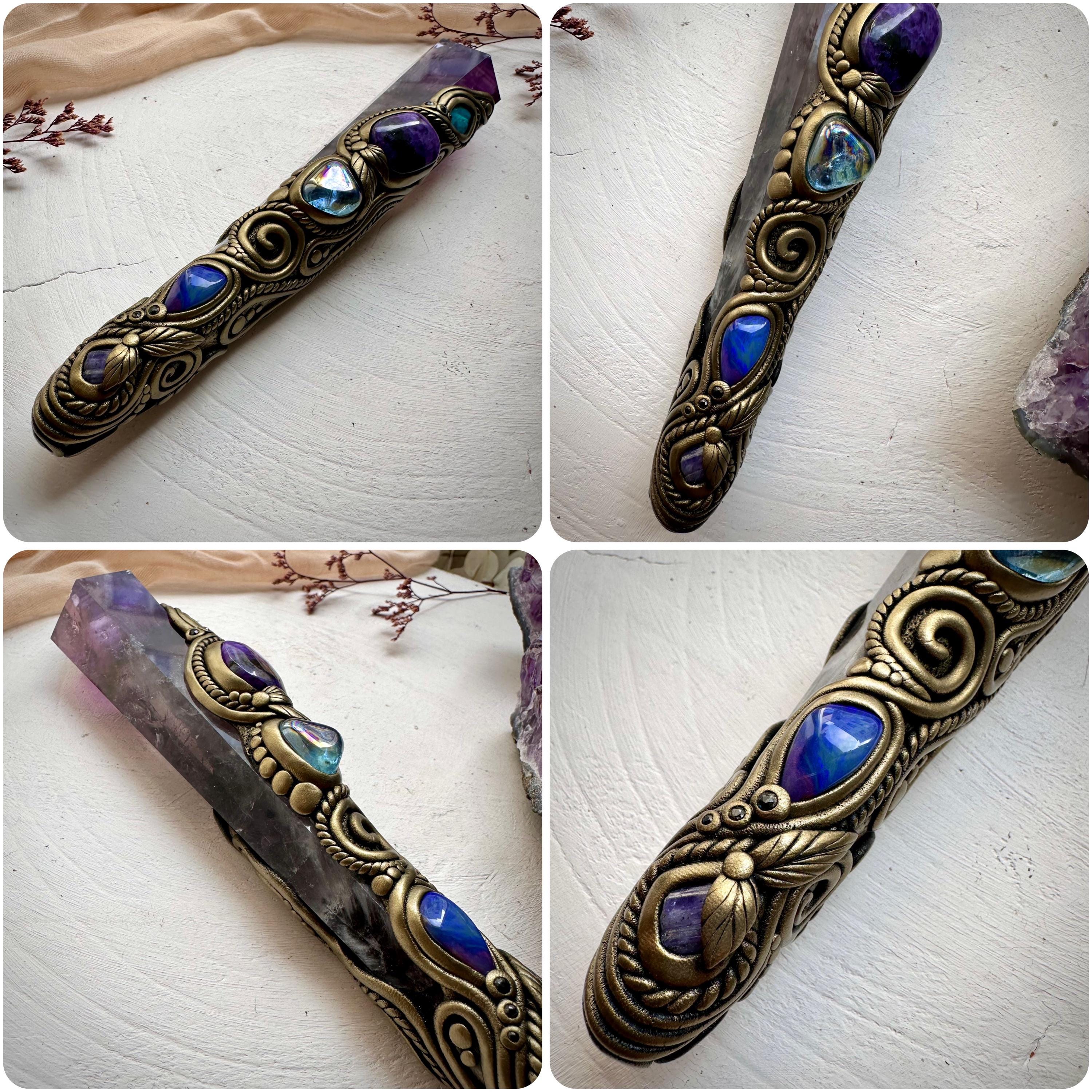 Large Amethyst Point with Charoite Raw Chrysocolla Boulder Opal Aqua Aura Quartz Tanzanite and Blue Sapphire Wand - FairyGardenGlow