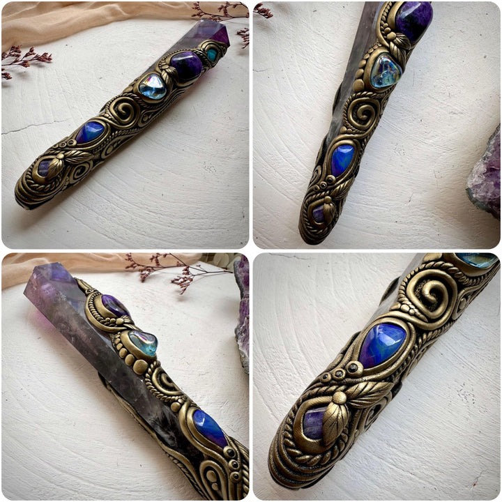 Large Amethyst Point with Charoite Raw Chrysocolla Boulder Opal Aqua Aura Quartz Tanzanite and Blue Sapphire Wand - FairyGardenGlow