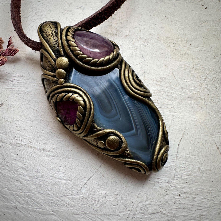Botswana Agate Bi Color Tourmaline and Lavender Quartz Necklace - FairyGardenGlow