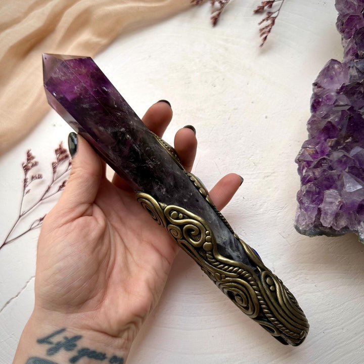 Large Amethyst Point with Charoite Raw Chrysocolla Boulder Opal Aqua Aura Quartz Tanzanite and Blue Sapphire Wand - FairyGardenGlow