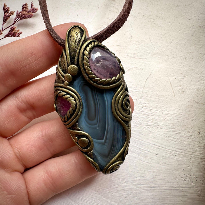Botswana Agate Bi Color Tourmaline and Lavender Quartz Necklace - FairyGardenGlow