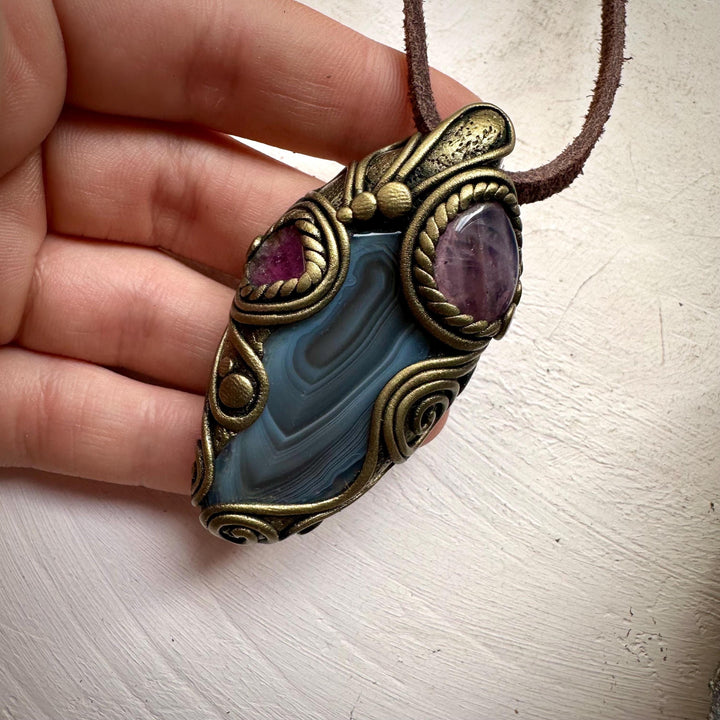 Botswana Agate Bi Color Tourmaline and Lavender Quartz Necklace - FairyGardenGlow