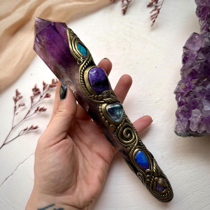Large Amethyst Point with Charoite Raw Chrysocolla Boulder Opal Aqua Aura Quartz Tanzanite and Blue Sapphire Wand - FairyGardenGlow