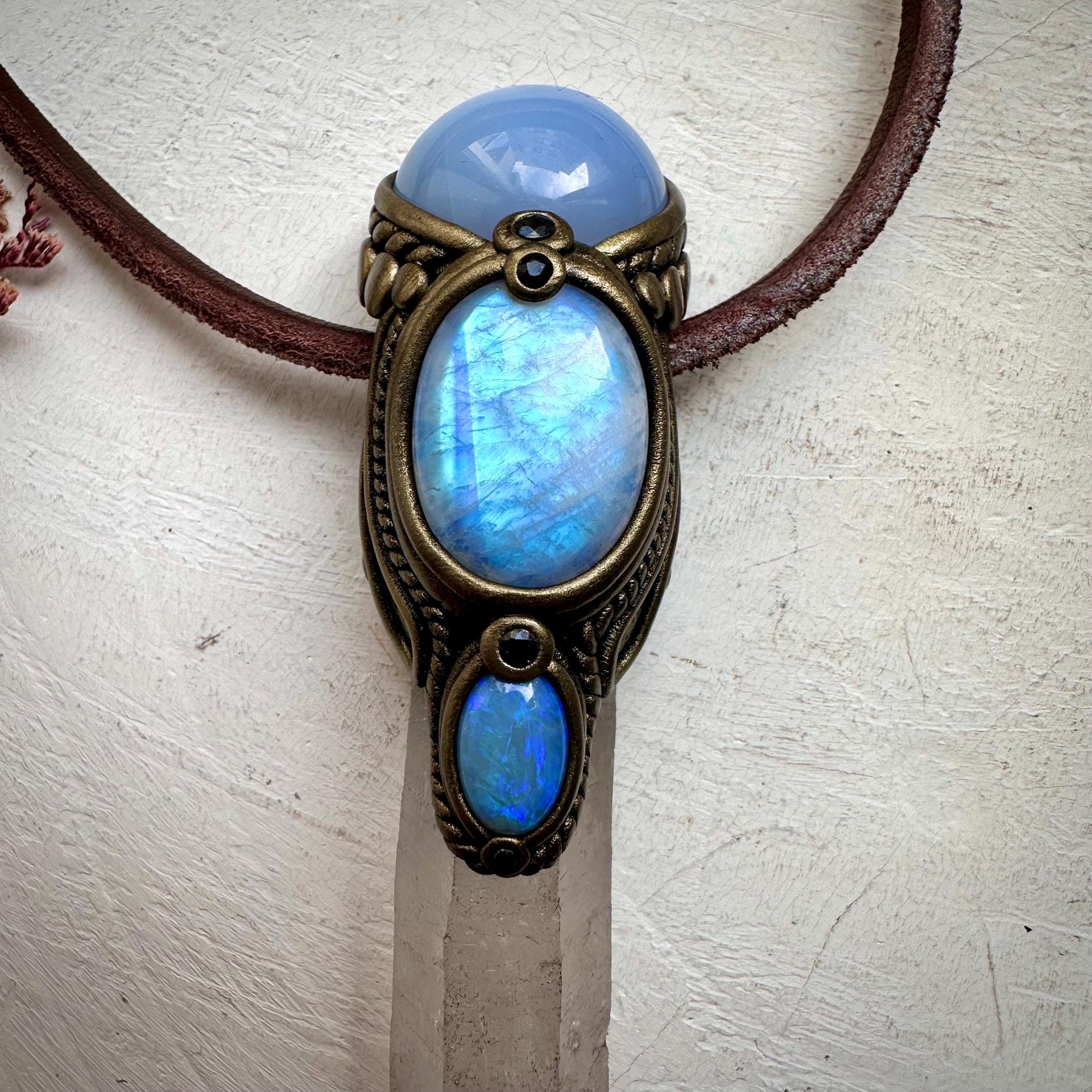 Clear Quartz Blue Chalcedony Rainbow Moonstone Australian Opal and Blue Sapphire Wand / Pendant - FairyGardenGlow