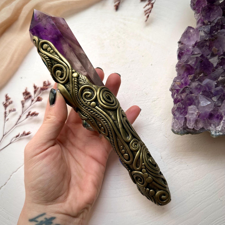 Large Amethyst Point with Charoite Raw Chrysocolla Boulder Opal Aqua Aura Quartz Tanzanite and Blue Sapphire Wand - FairyGardenGlow