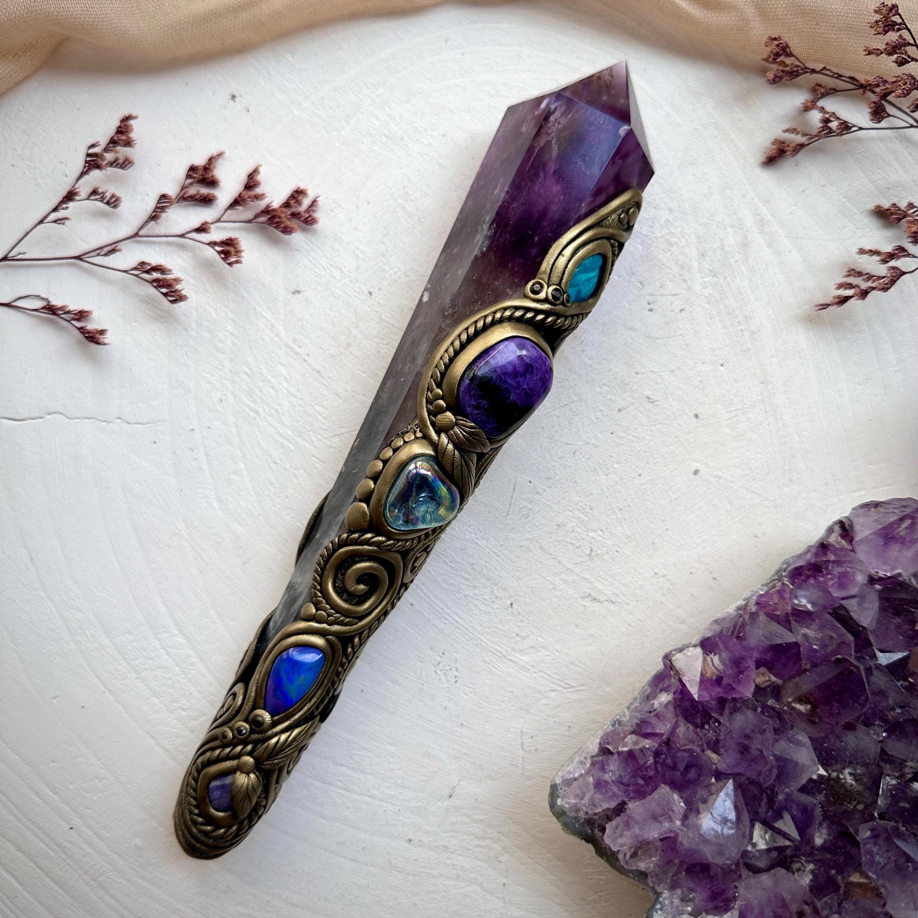 Large Amethyst Point with Charoite Raw Chrysocolla Boulder Opal Aqua Aura Quartz Tanzanite and Blue Sapphire Wand - FairyGardenGlow