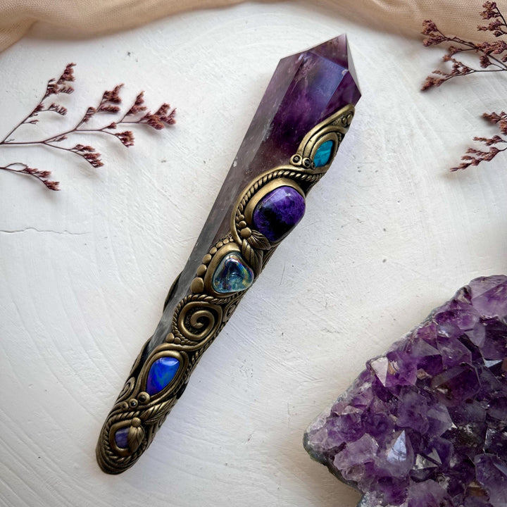 Large Amethyst Point with Charoite Raw Chrysocolla Boulder Opal Aqua Aura Quartz Tanzanite and Blue Sapphire Wand - FairyGardenGlow