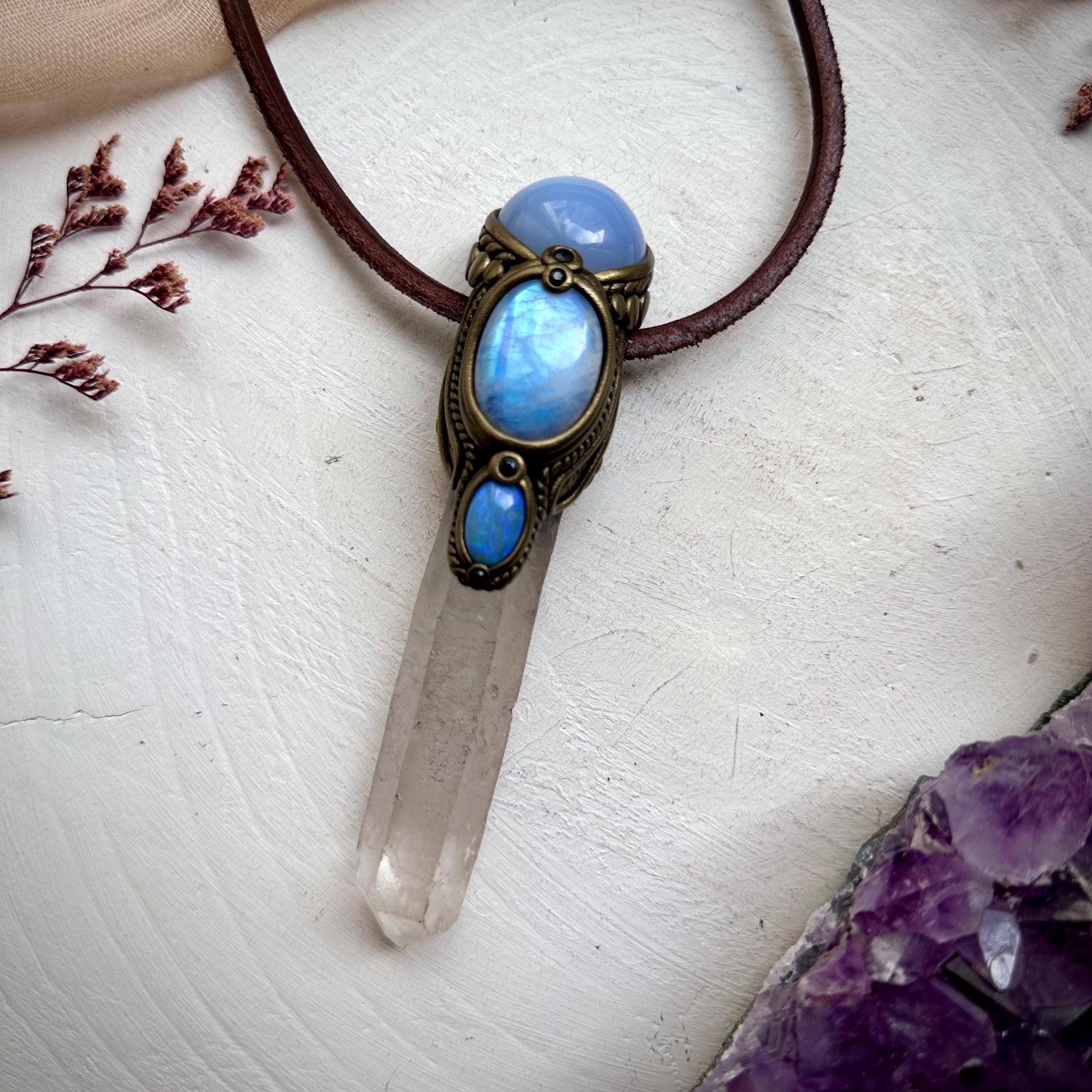 Clear Quartz Blue Chalcedony Rainbow Moonstone Australian Opal and Blue Sapphire Wand / Pendant - FairyGardenGlow