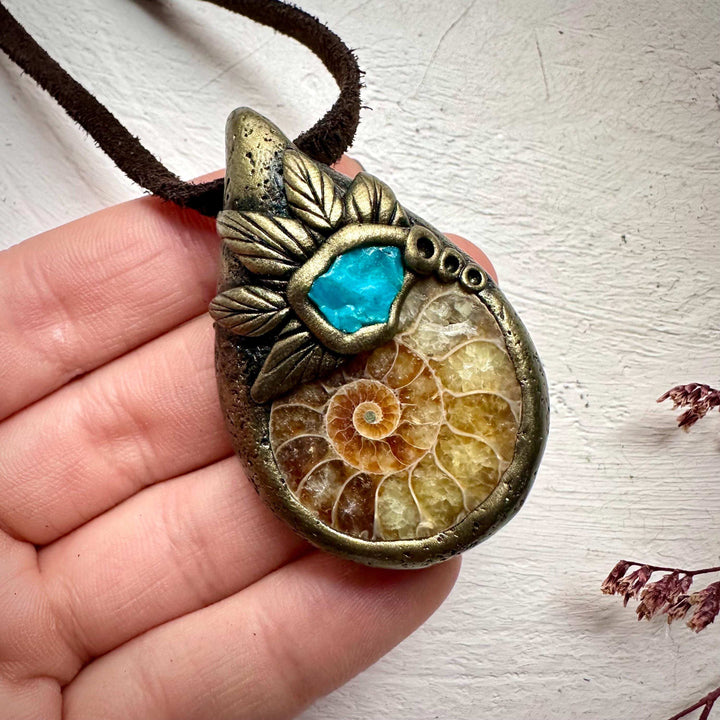 Ammonite and Atacama Opal Pendant Necklace - FairyGardenGlow