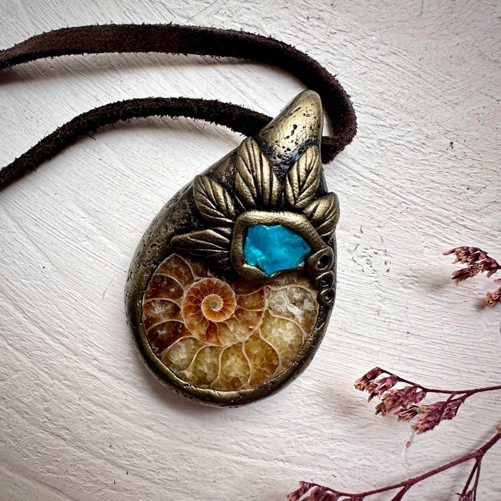 Ammonite and Atacama Opal Pendant Necklace - FairyGardenGlow