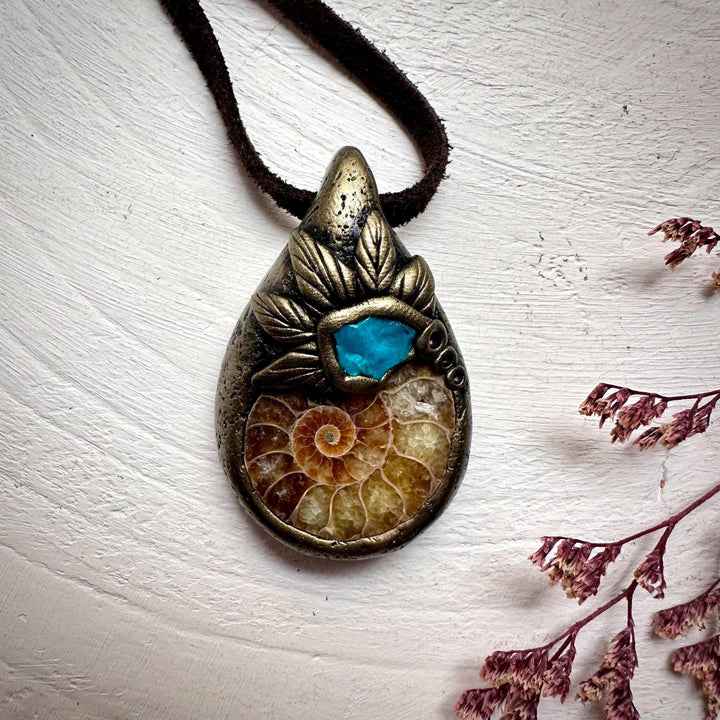 Ammonite and Atacama Opal Pendant Necklace - FairyGardenGlow