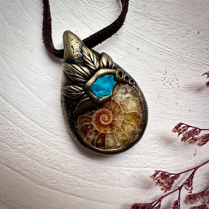 Ammonite and Atacama Opal Pendant Necklace - FairyGardenGlow