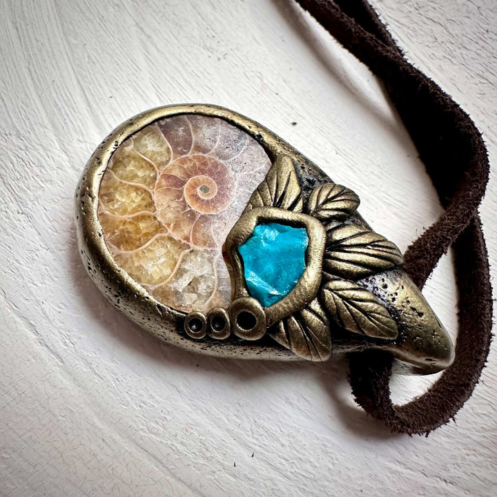 Ammonite and Atacama Opal Pendant Necklace - FairyGardenGlow