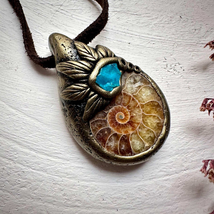 Ammonite and Atacama Opal Pendant Necklace - FairyGardenGlow