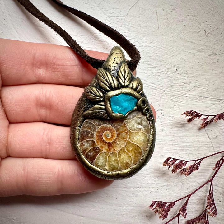 Ammonite and Atacama Opal Pendant Necklace - FairyGardenGlow