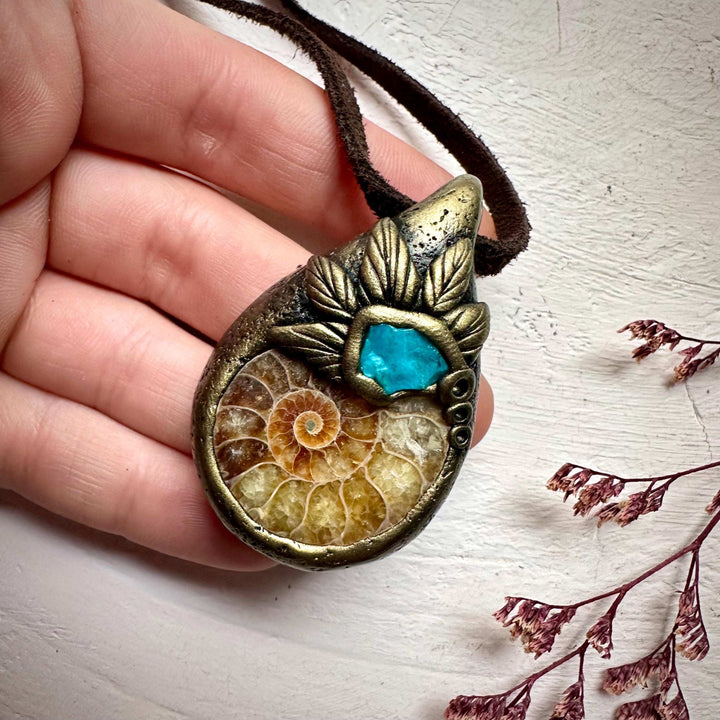 Ammonite and Atacama Opal Pendant Necklace - FairyGardenGlow