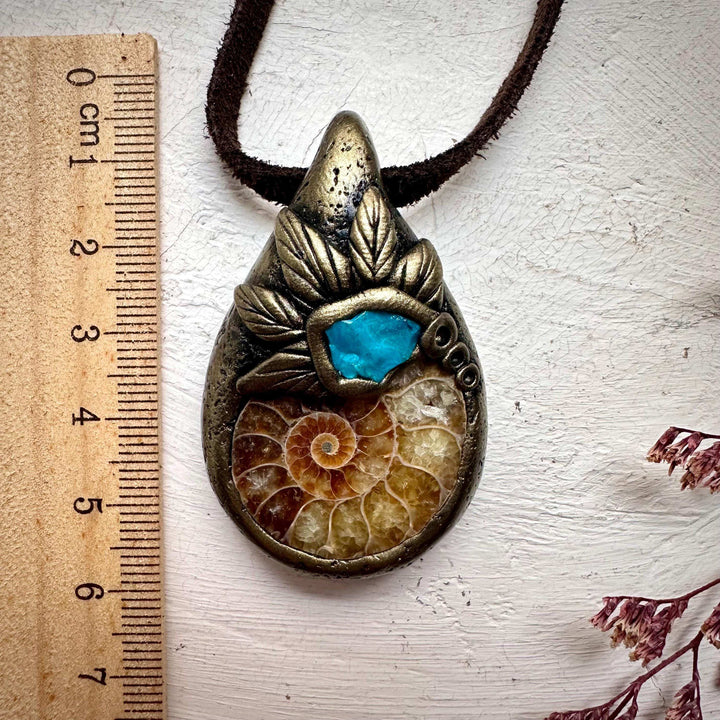 Ammonite and Atacama Opal Pendant Necklace - FairyGardenGlow