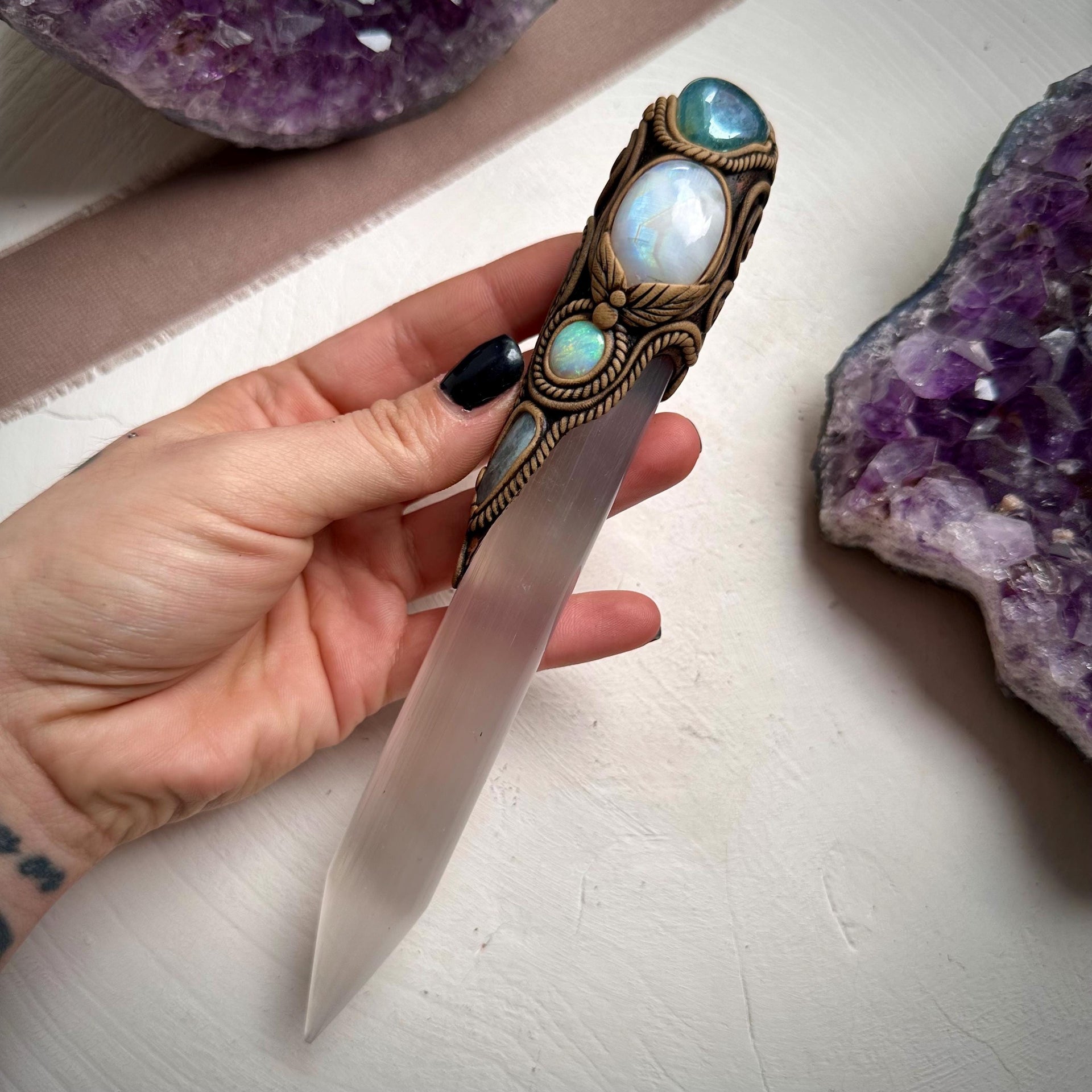 Selenite Wand, Aqua Aura Quartz Rainbow Moonstone Australian Opal Aquamarine Crystal Wand - FairyGardenGlow