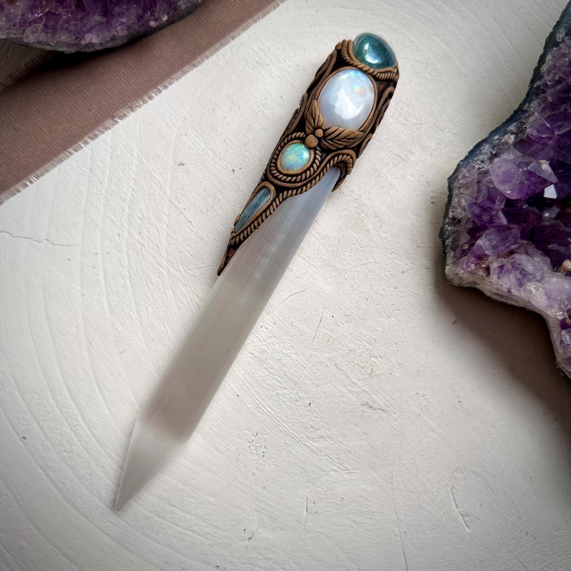 Selenite Wand, Aqua Aura Quartz Rainbow Moonstone Australian Opal Aquamarine Crystal Wand - FairyGardenGlow