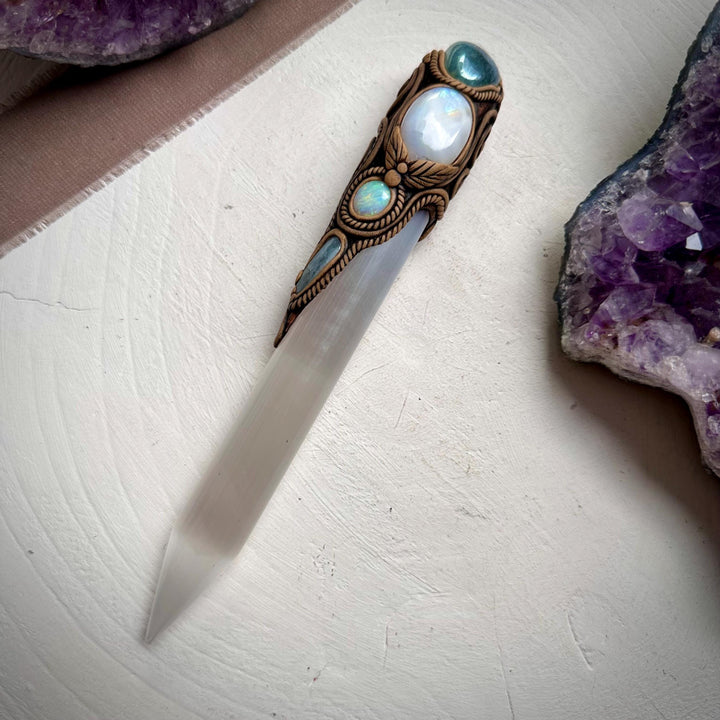 Selenite Wand, Aqua Aura Quartz Rainbow Moonstone Australian Opal Aquamarine Crystal Wand - FairyGardenGlow