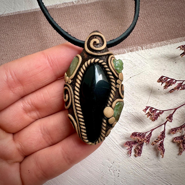 Black Obsidian with Green Tourmaline and Tsavorite Pendant Necklace - FairyGardenGlow