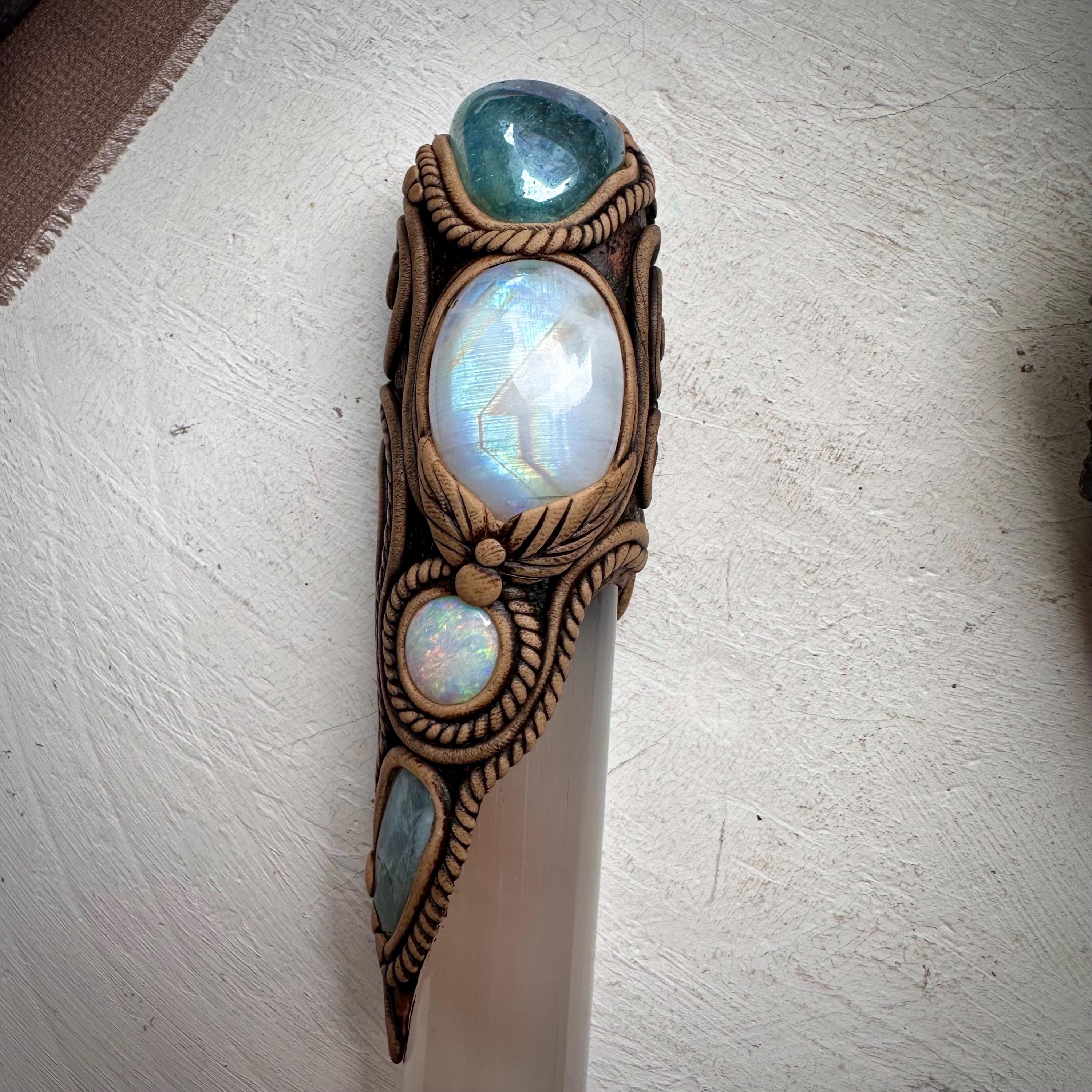 Selenite Wand, Aqua Aura Quartz Rainbow Moonstone Australian Opal Aquamarine Crystal Wand - FairyGardenGlow