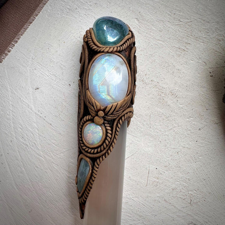 Selenite Wand, Aqua Aura Quartz Rainbow Moonstone Australian Opal Aquamarine Crystal Wand - FairyGardenGlow