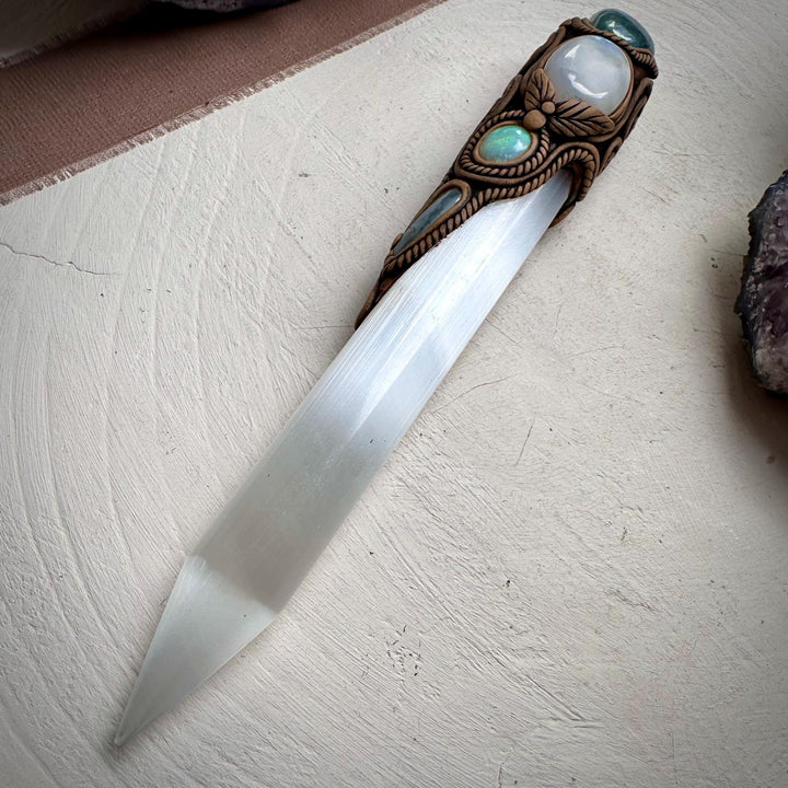 Selenite Wand, Aqua Aura Quartz Rainbow Moonstone Australian Opal Aquamarine Crystal Wand - FairyGardenGlow