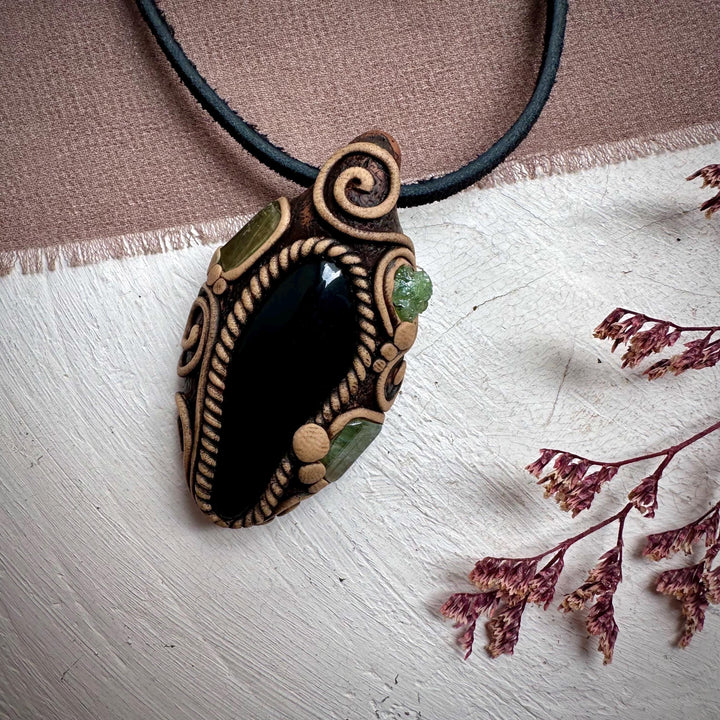 Black Obsidian with Green Tourmaline and Tsavorite Pendant Necklace - FairyGardenGlow