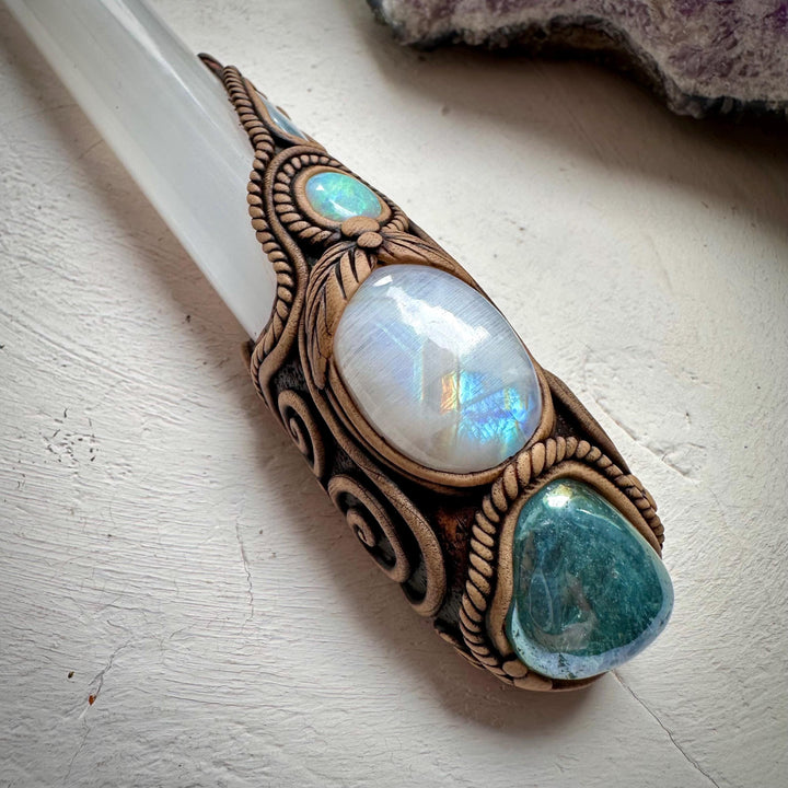 Selenite Wand, Aqua Aura Quartz Rainbow Moonstone Australian Opal Aquamarine Crystal Wand - FairyGardenGlow
