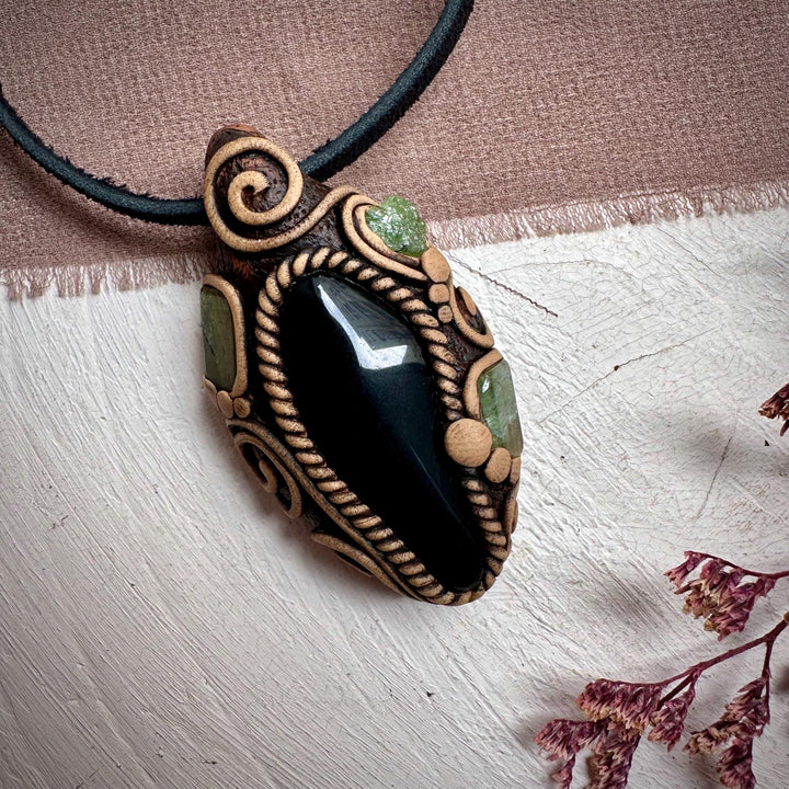 Black Obsidian with Green Tourmaline and Tsavorite Pendant Necklace - FairyGardenGlow