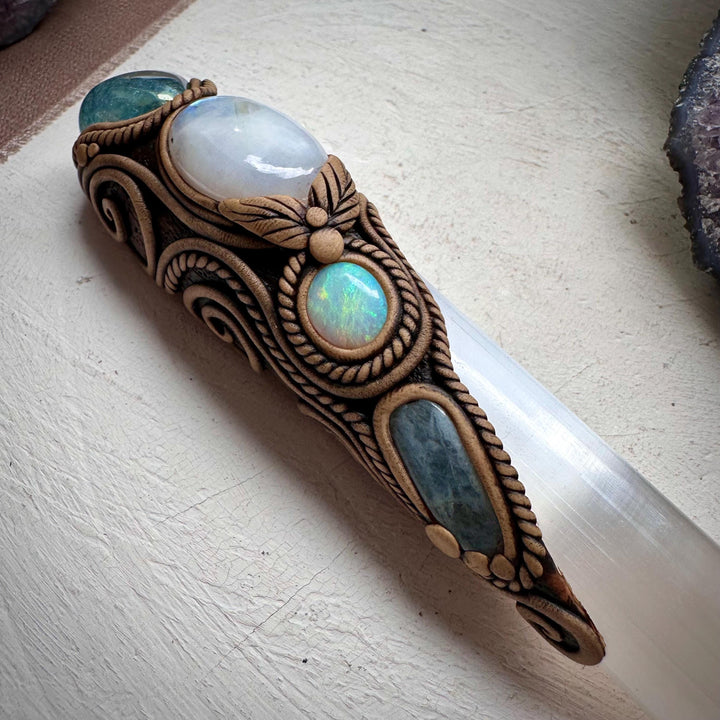 Selenite Wand, Aqua Aura Quartz Rainbow Moonstone Australian Opal Aquamarine Crystal Wand - FairyGardenGlow