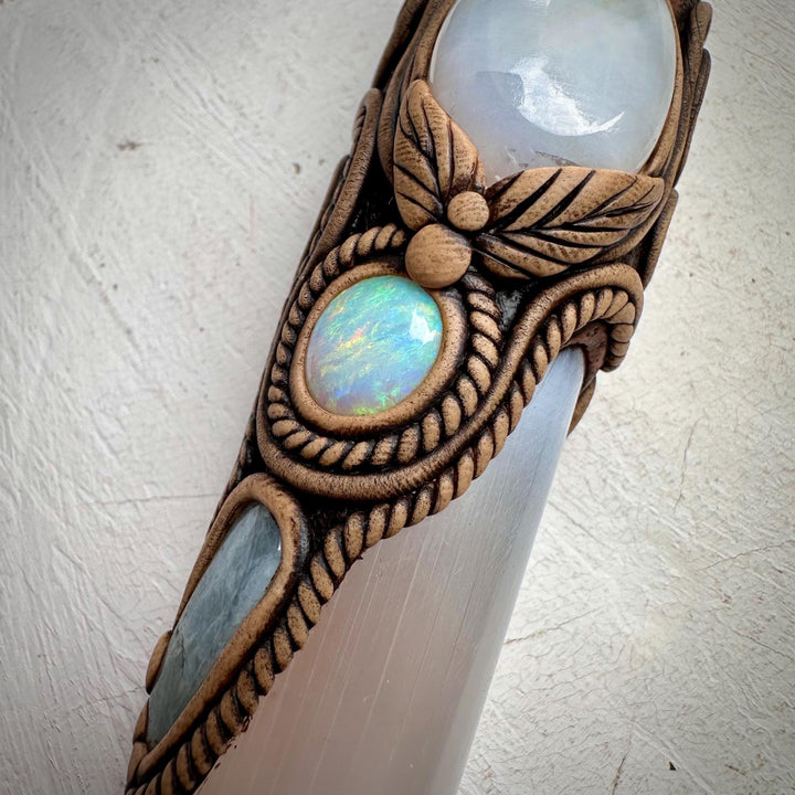 Selenite Wand, Aqua Aura Quartz Rainbow Moonstone Australian Opal Aquamarine Crystal Wand - FairyGardenGlow