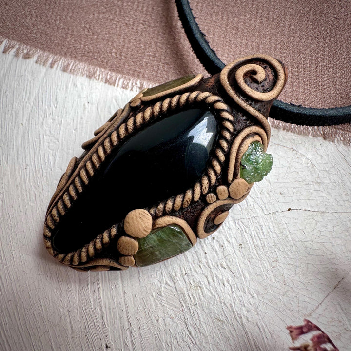 Black Obsidian with Green Tourmaline and Tsavorite Pendant Necklace - FairyGardenGlow