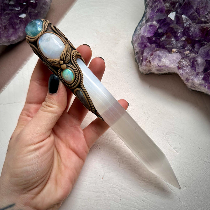 Selenite Wand, Aqua Aura Quartz Rainbow Moonstone Australian Opal Aquamarine Crystal Wand - FairyGardenGlow