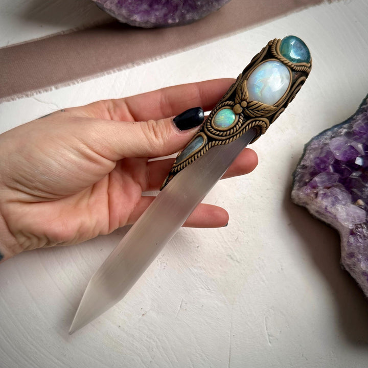 Selenite Wand, Aqua Aura Quartz Rainbow Moonstone Australian Opal Aquamarine Crystal Wand - FairyGardenGlow