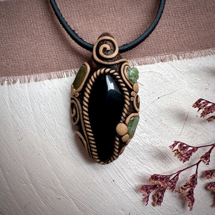 Black Obsidian with Green Tourmaline and Tsavorite Pendant Necklace - FairyGardenGlow