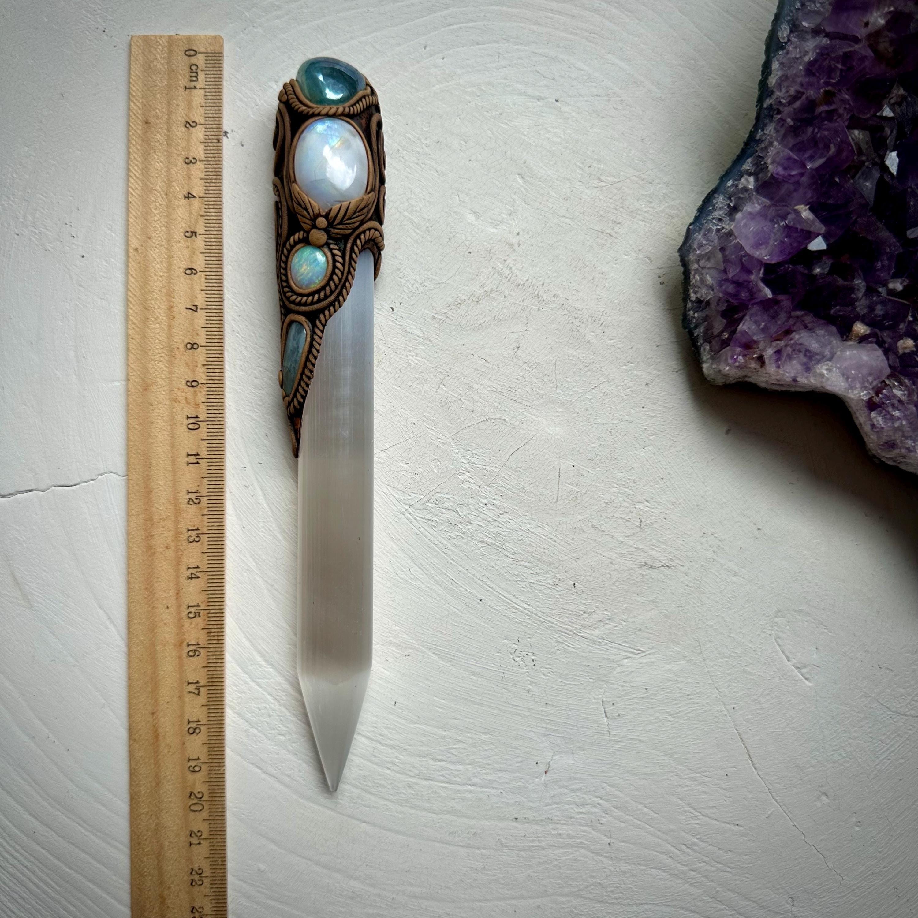 Selenite Wand, Aqua Aura Quartz Rainbow Moonstone Australian Opal Aquamarine Crystal Wand - FairyGardenGlow