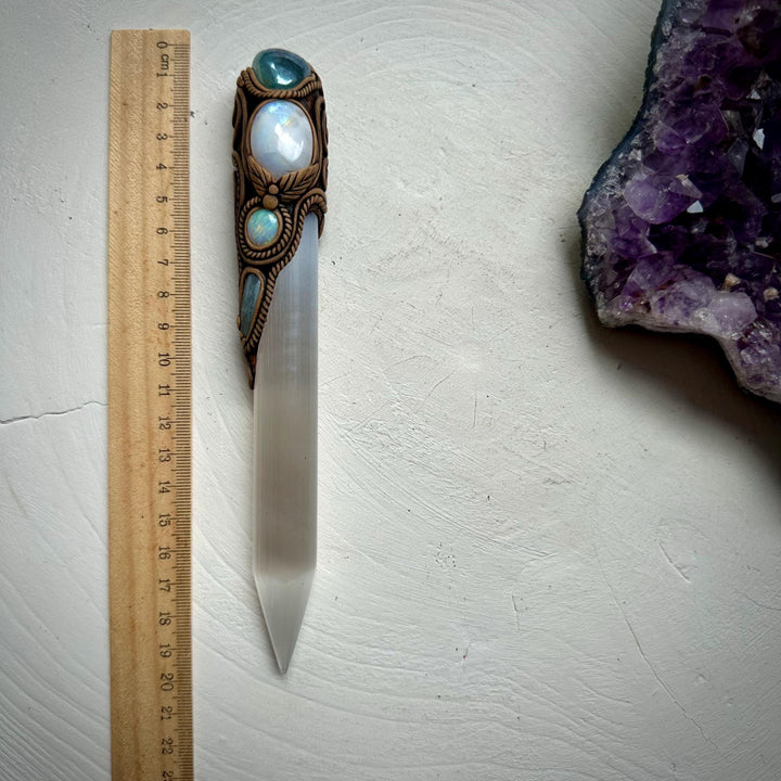 Selenite Wand, Aqua Aura Quartz Rainbow Moonstone Australian Opal Aquamarine Crystal Wand - FairyGardenGlow