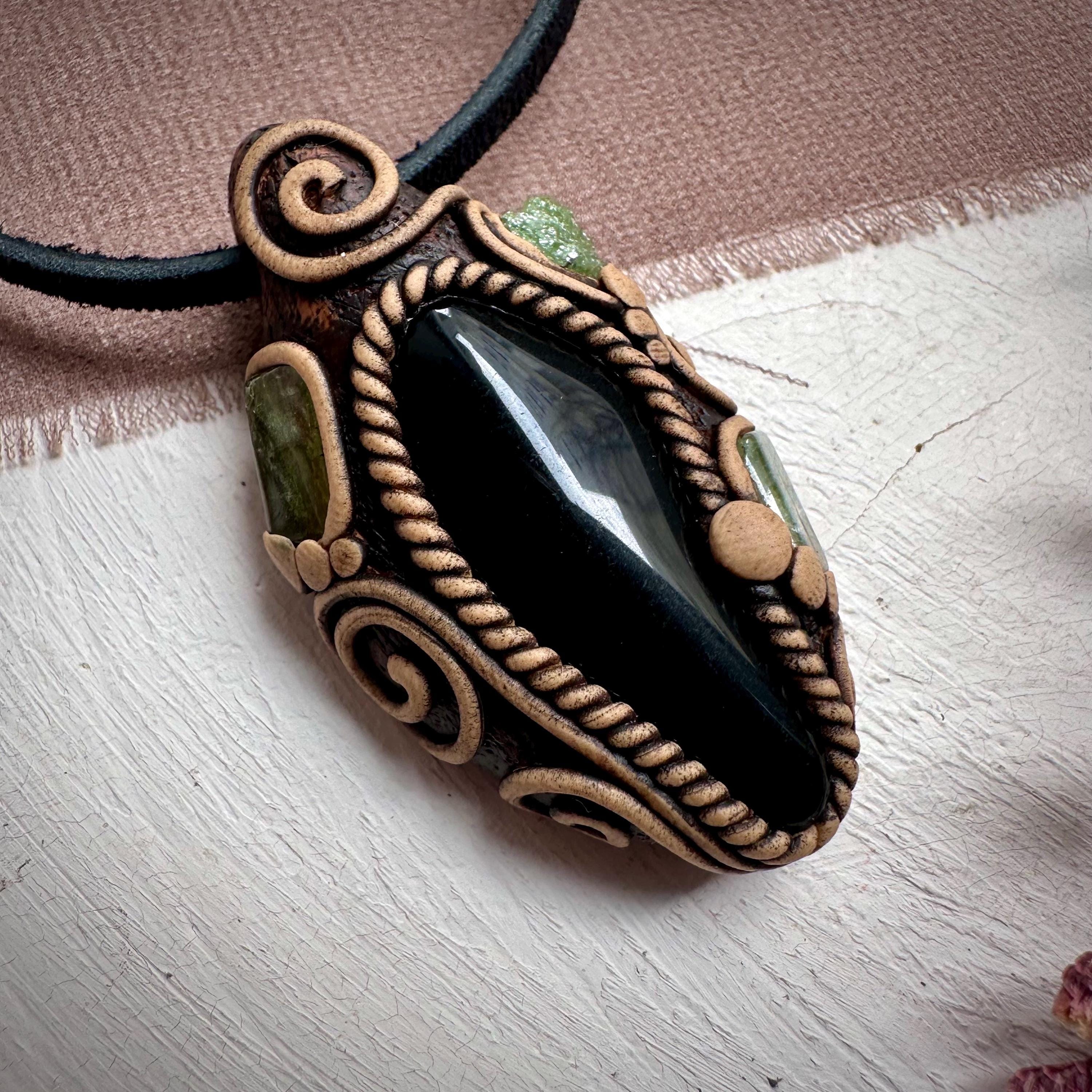 Black Obsidian with Green Tourmaline and Tsavorite Pendant Necklace - FairyGardenGlow