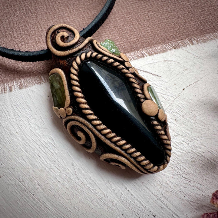 Black Obsidian with Green Tourmaline and Tsavorite Pendant Necklace - FairyGardenGlow