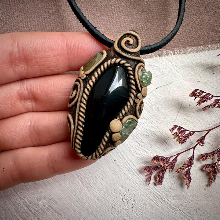 Black Obsidian with Green Tourmaline and Tsavorite Pendant Necklace - FairyGardenGlow