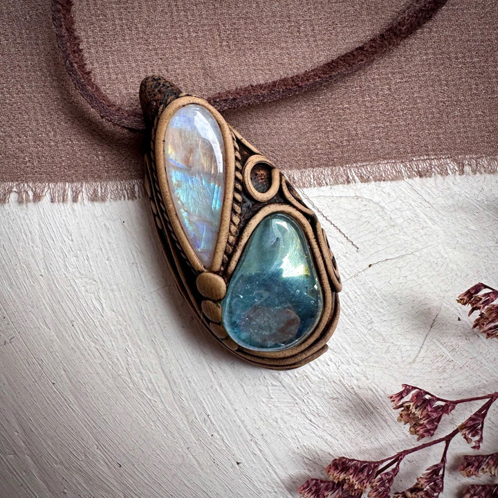 Aqua Aura Quartz and Rainbow Moonstone Necklace - FairyGardenGlow